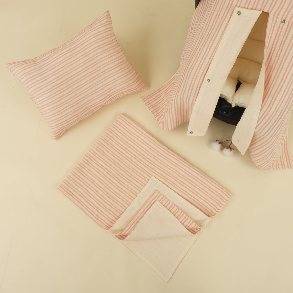 4 Parça İki Katlı Avantajlı Set - Pembe Çizgili - Krem Muslin