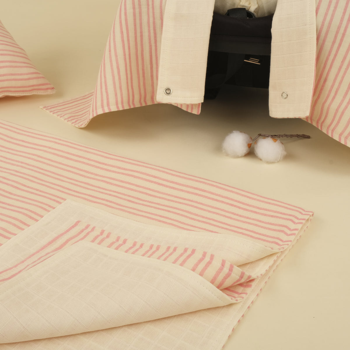 4 Parça İki Katlı Avantajlı Set - Pembe Çizgili - Krem Muslin