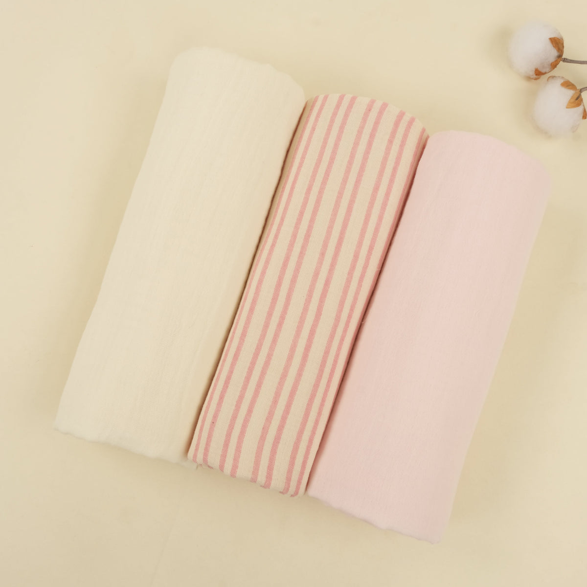 3'lü Set - İki Katlı Müslin Örtü - Bebe Pembe - Pembe Çizgili - Krem