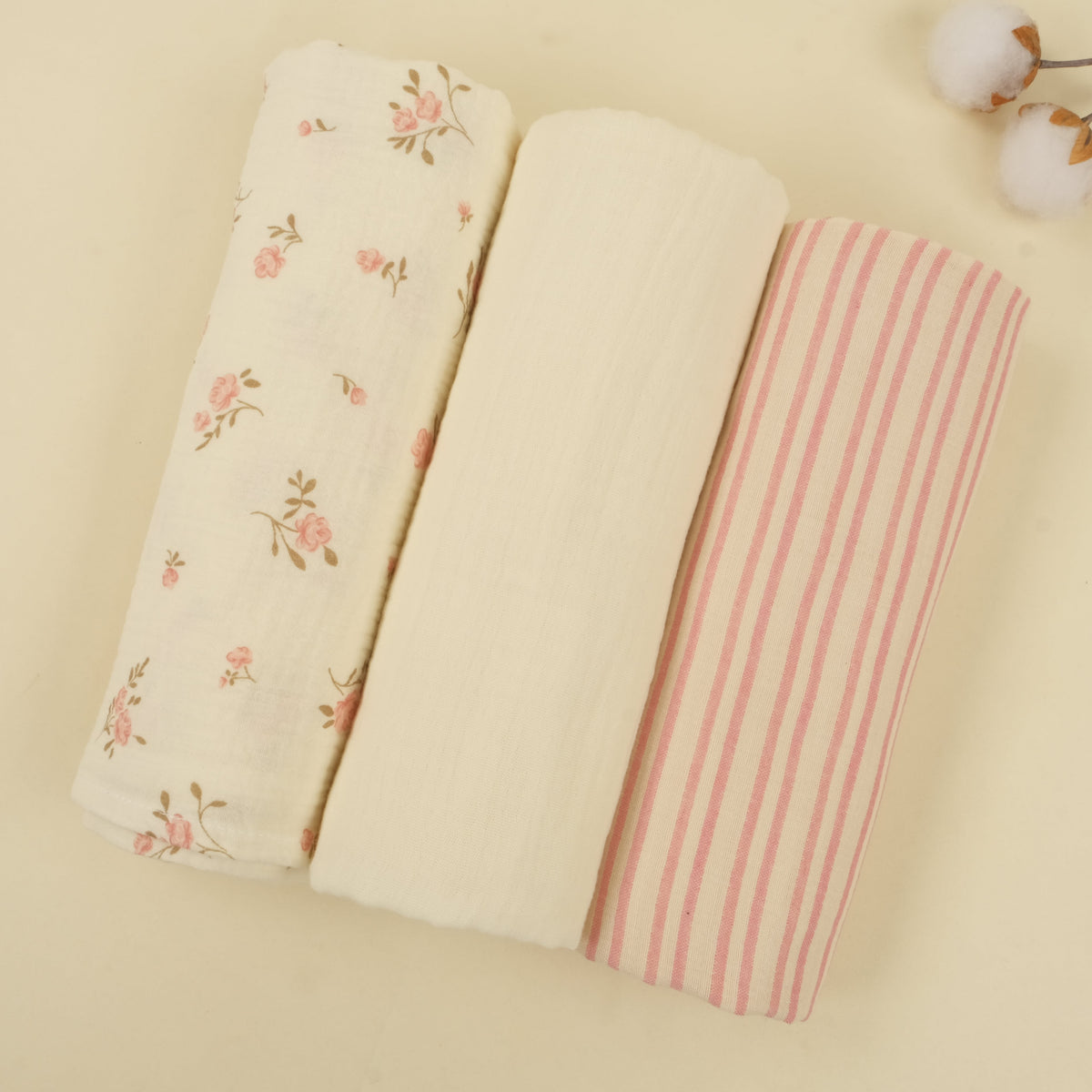 3'lü Set - İki Katlı Müslin Örtü - Soft Çiçekler - Pembe Çizgili - Krem