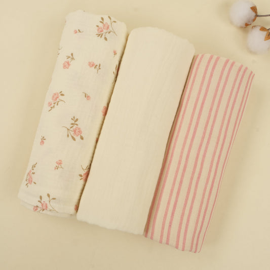 3'lü Set - İki Katlı Müslin Örtü - Soft Çiçekler - Pembe Çizgili - Krem