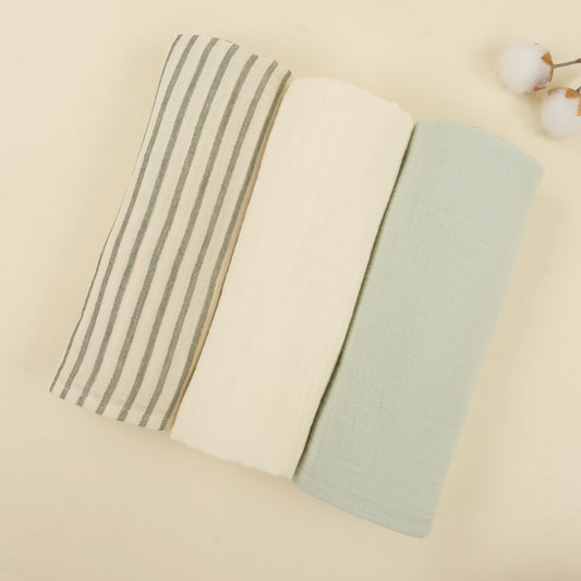 3'lü Set - İki Katlı Müslin Örtü - Mint - Yeşil Çizgili - Krem