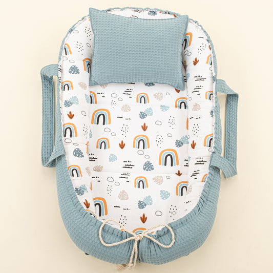 Babynest ve Yastık - Çift Taraflı - Petrol Mavisi Petek - Petrol Mavisi Gökkuşağı