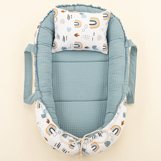 Babynest ve Yastık - Çift Taraflı - Petrol Mavisi Petek - Petrol Mavisi Gökkuşağı