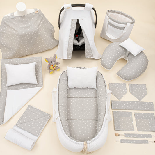 18 Parça Full Set - Çift Taraflı - Beyaz Waffle - Gri Minik Yıldızlar