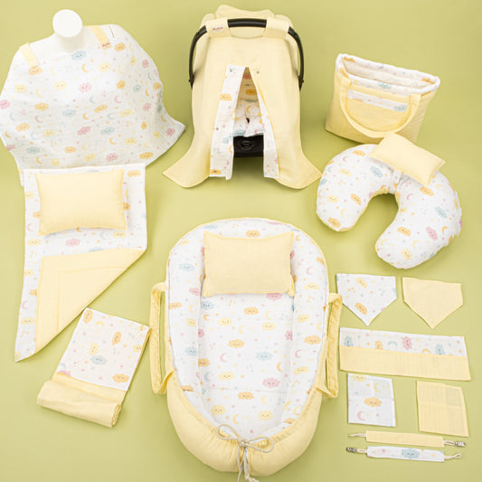 18  Parça Full Set - Çift Taraflı - Sarı Muslin - Sarı Bulut