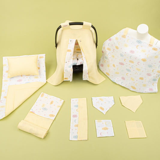 11 Parça Avantajlı Set - Çift Taraflı - Sarı Muslin - Sarı Bulut