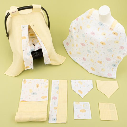 9 Parça Avantajlı Set - Çift Taraflı - Sarı Muslin - Sarı Bulut