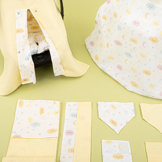 9 Parça Avantajlı Set - Çift Taraflı - Sarı Muslin - Sarı Bulut