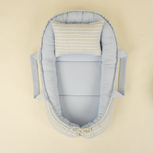 Babynest ve Yastık - Çift Taraflı - İki Katlı Mavi Çizgili - Bebe Mavi Petek