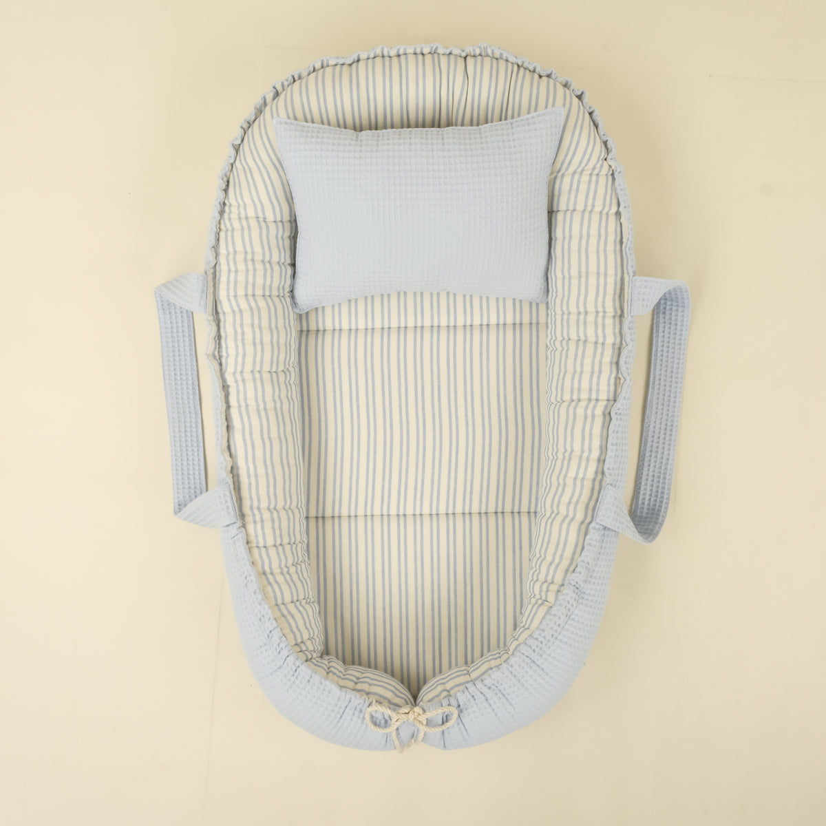 Babynest ve Yastık - Çift Taraflı - İki Katlı Mavi Çizgili - Bebe Mavi Petek