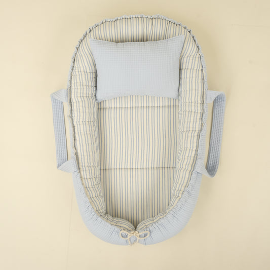 Babynest ve Yastık - Çift Taraflı - İki Katlı Mavi Çizgili - Bebe Mavi Petek
