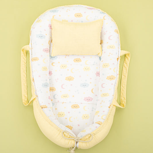 Babynest ve Yastık - Çift Taraflı - Sarı Muslin - Sarı Bulut