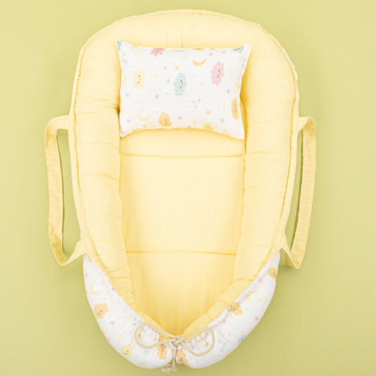 Babynest ve Yastık - Çift Taraflı - Sarı Muslin - Sarı Bulut