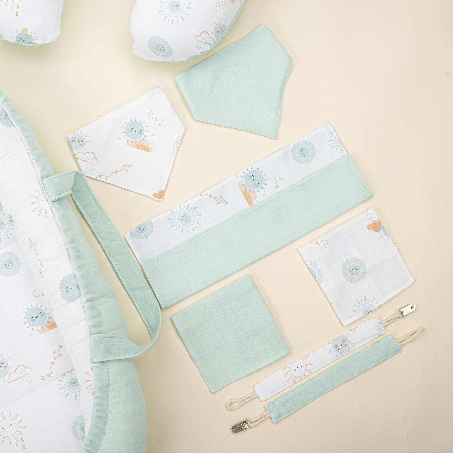 18 Parça Full Set - Çift Taraflı - Su Yeşili Muslin - Su Yeşili Güneş
