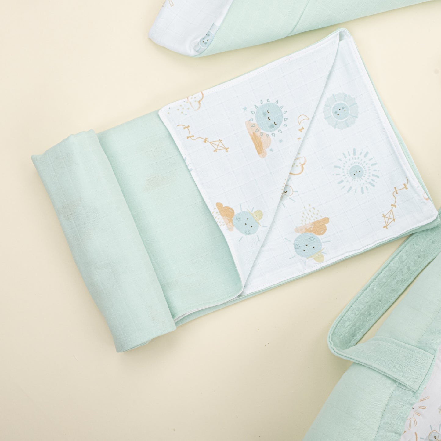 18 Parça Full Set - Çift Taraflı - Su Yeşili Muslin - Su Yeşili Güneş
