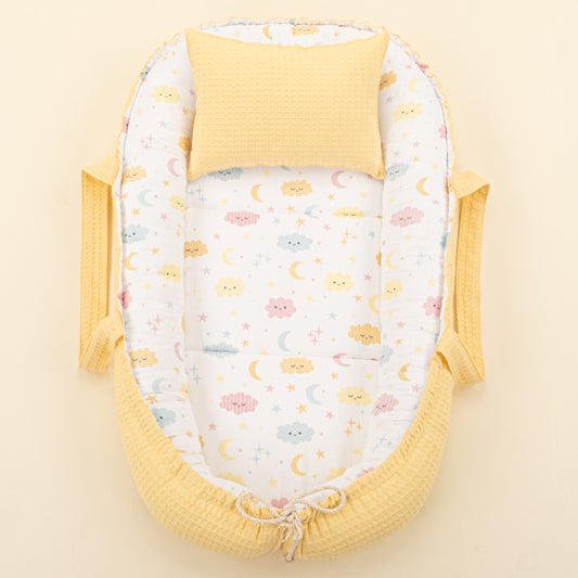 Babynest ve Yastık - Çift Taraflı - Sarı Petek - Sarı Bulut
