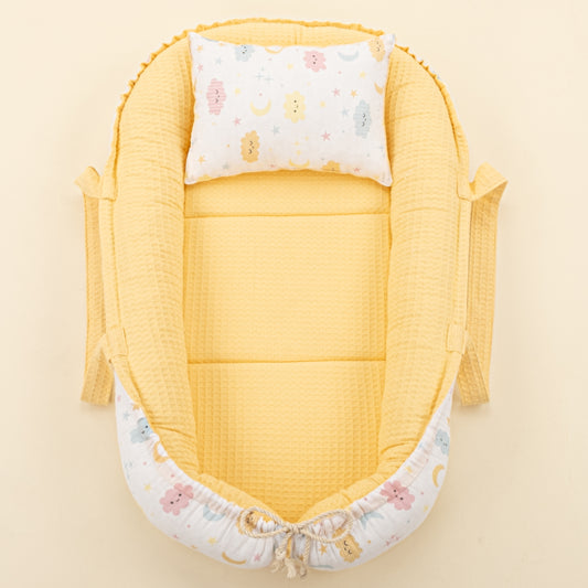 Babynest ve Yastık - Çift Taraflı - Sarı Petek - Sarı Bulut