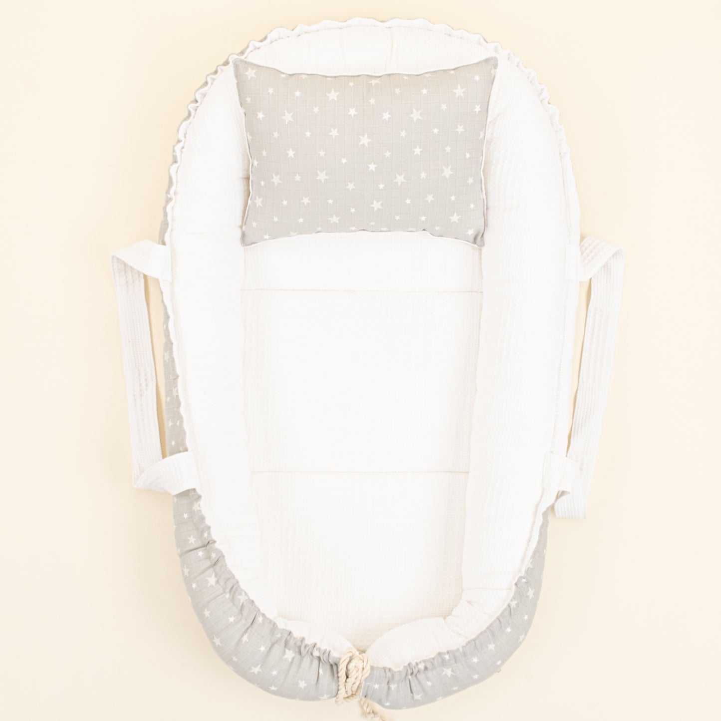 Babynest ve Yastık - Çift Taraflı - Beyaz Waffle - Gri Minik Yıldızlar
