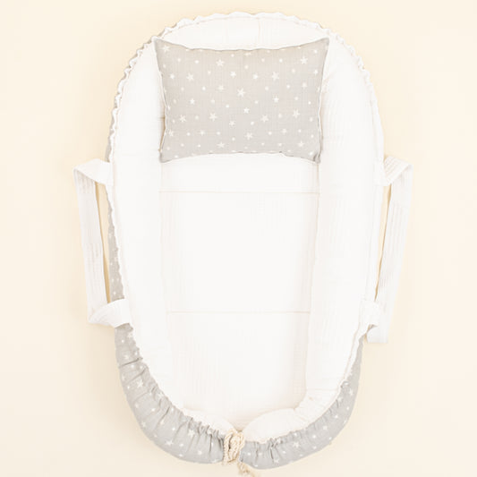 Babynest ve Yastık - Çift Taraflı - Beyaz Waffle - Gri Minik Yıldızlar