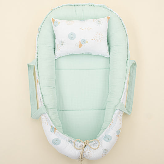 Babynest ve Yastık - Çift Taraflı - Su Yeşili Muslin - Su Yeşili Güneş