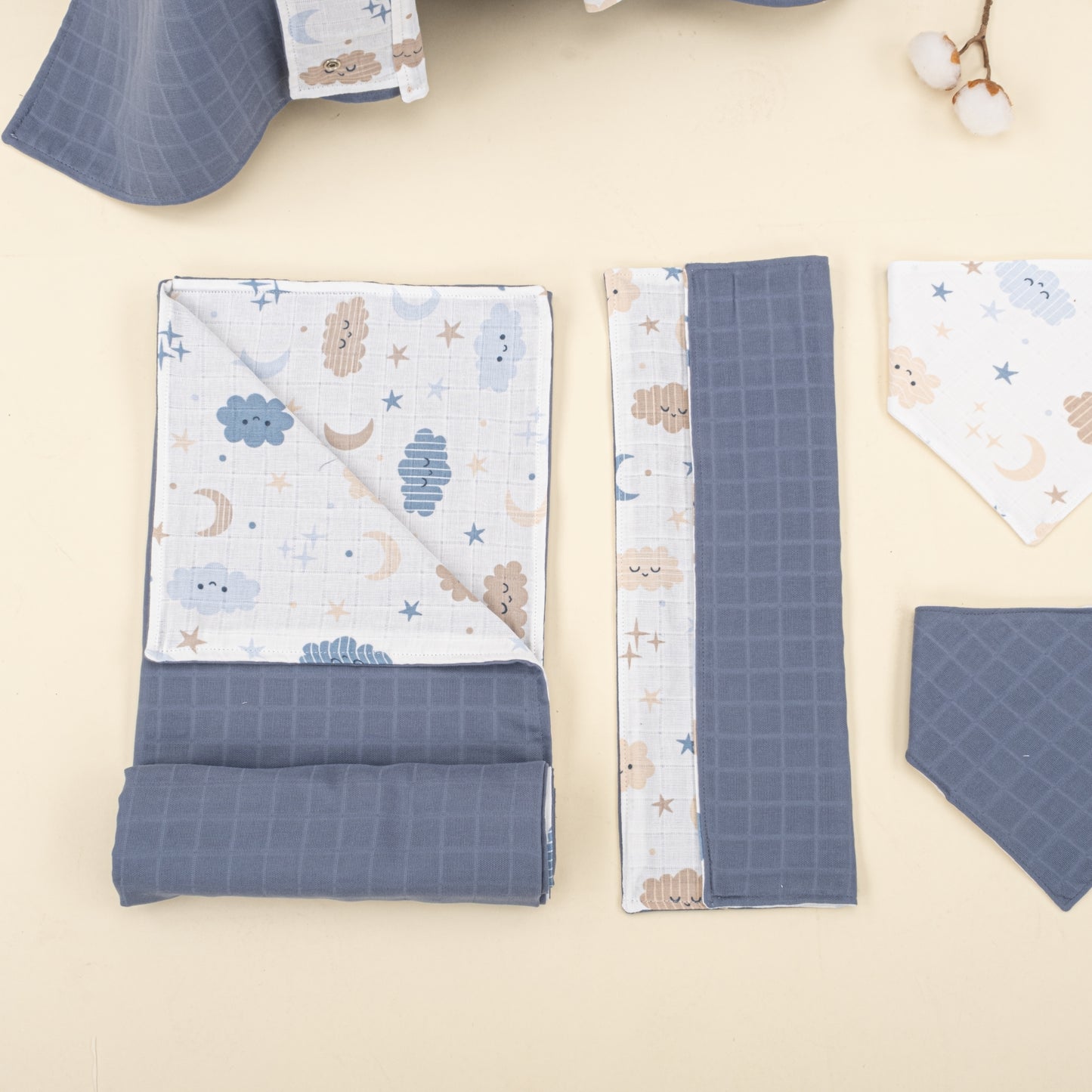 9 Parça Avantajlı Set - Çift Taraflı - İndigo Muslin - Mavi Bulut
