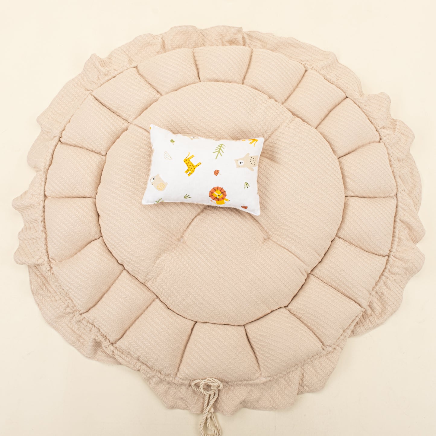 Yuvarlak Babynest ve Yastık - Çift Taraflı - Sütlü Kahve Örgü - Aslan