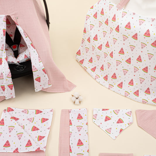 9 Parça Avantajlı Set - Çift Taraflı - Pudra Muslin - Karpuz