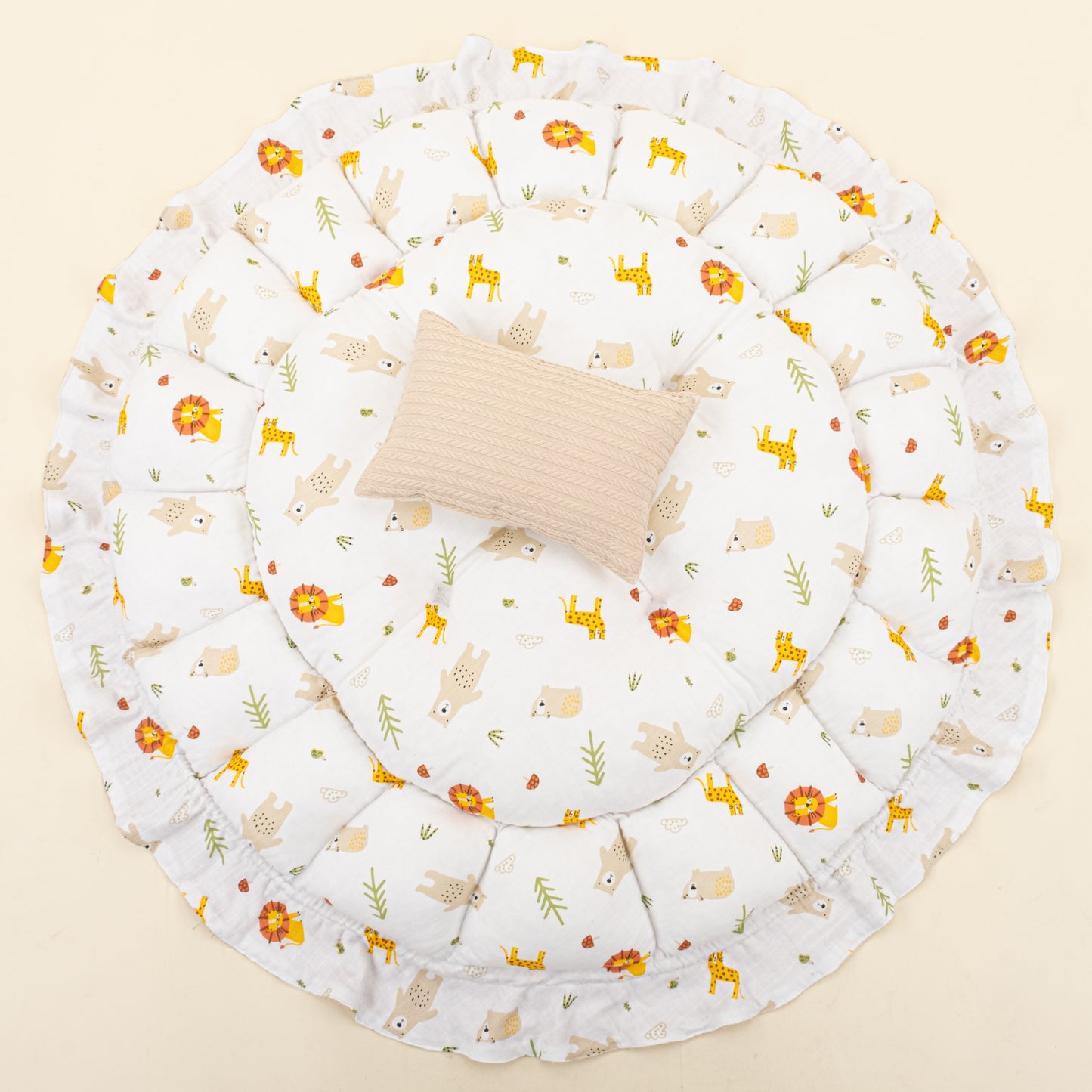 Yuvarlak Babynest ve Yastık - Çift Taraflı - Sütlü Kahve Örgü - Aslan