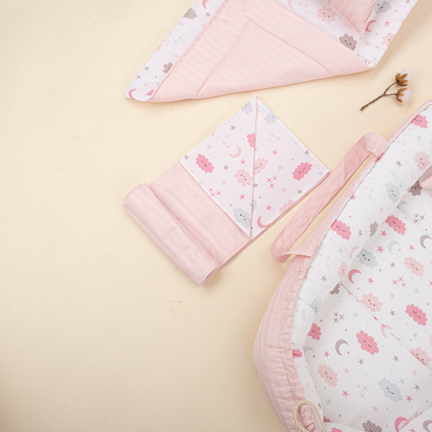 18 Parça Full Set - Çift Taraflı - Pembe Saten - Pembe Bulut