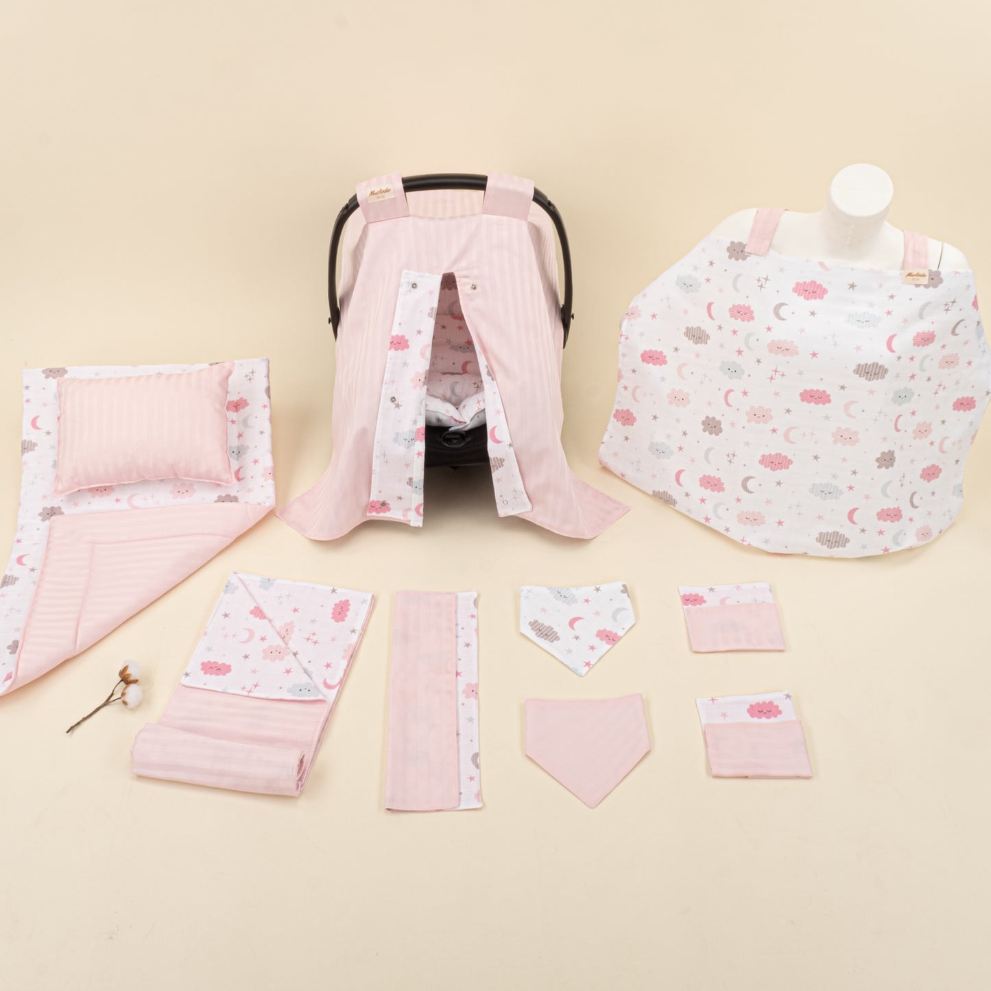 11 Parça Avantajlı Set - Çift Taraflı - Pembe Saten - Pembe Bulut