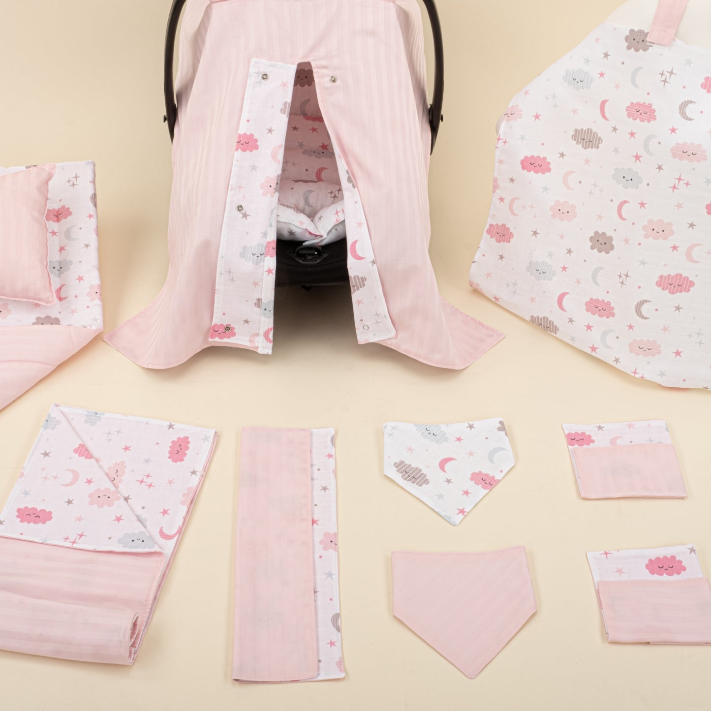 11 Parça Avantajlı Set - Çift Taraflı - Pembe Saten - Pembe Bulut