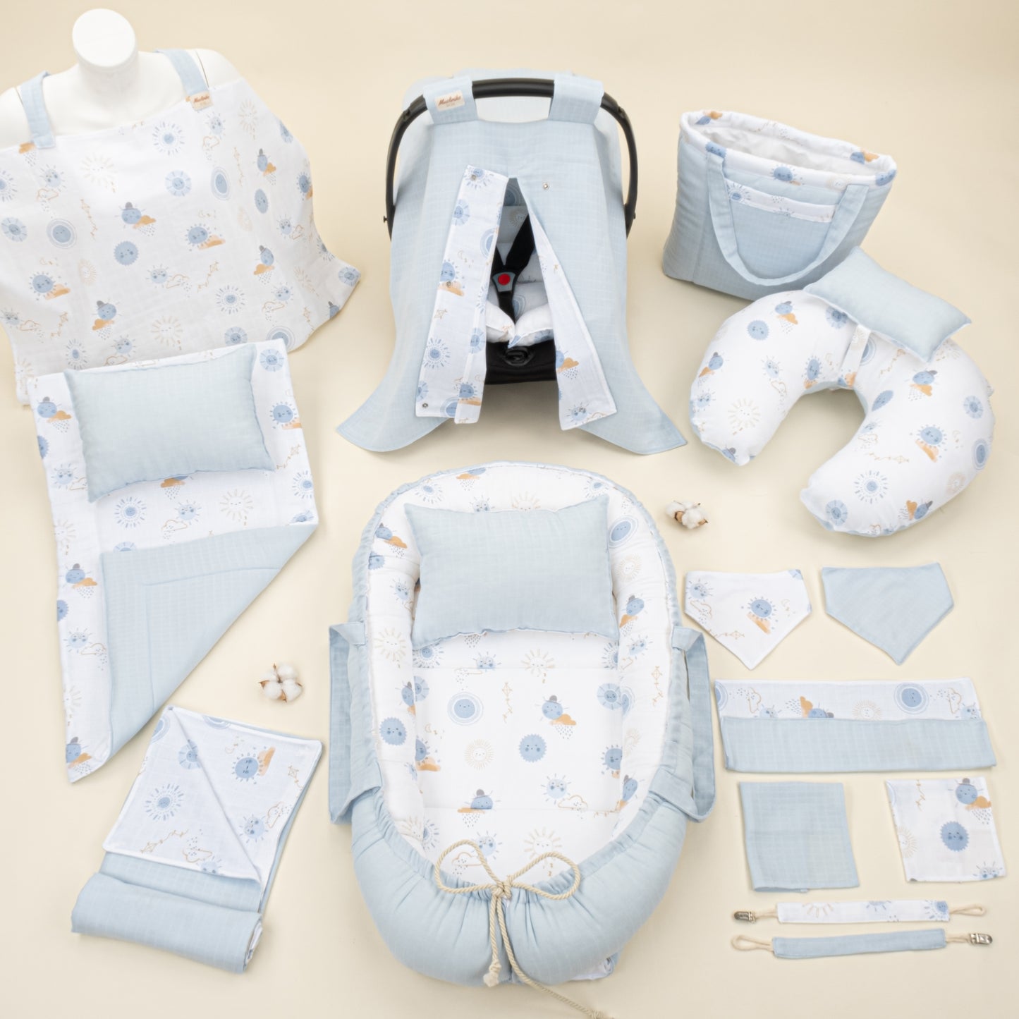 18 Parça Full Set - Çift Taraflı - Bebe Mavi Muslin - Mavi Güneş