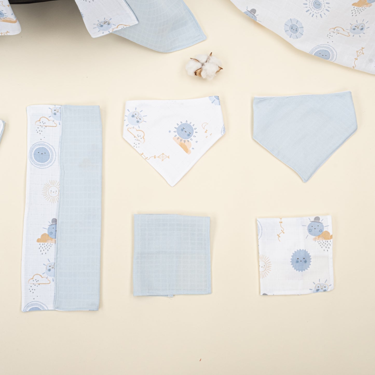 11 Parça Avantajlı Set - Çift Taraflı - Bebe Mavi Muslin - Mavi Güneş