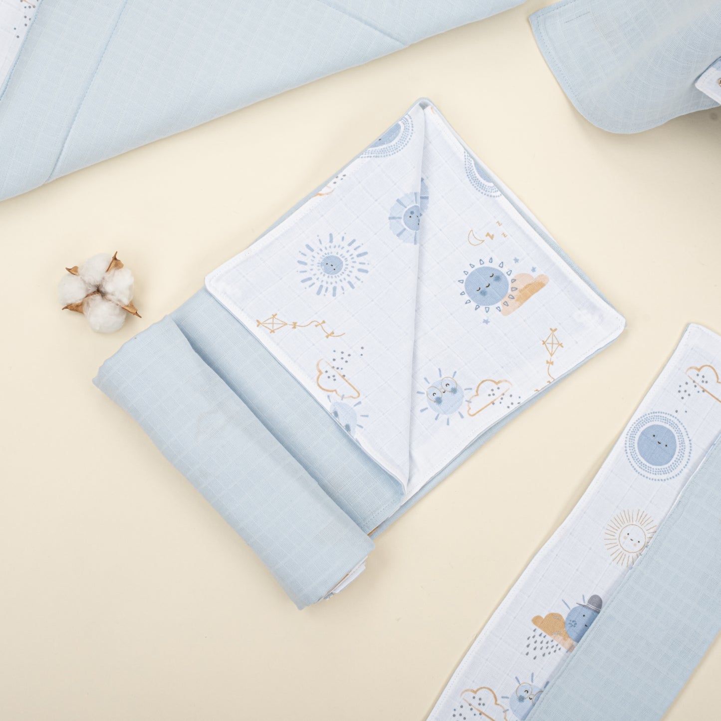 11 Parça Avantajlı Set - Çift Taraflı - Bebe Mavi Muslin - Mavi Güneş