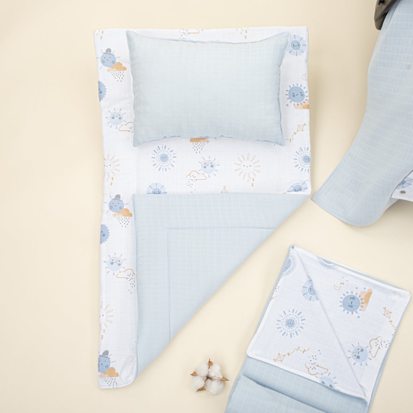 11 Parça Avantajlı Set - Çift Taraflı - Bebe Mavi Muslin - Mavi Güneş