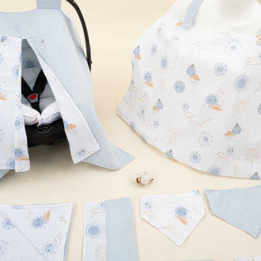 9 Parça Avantajlı Set - Çift Taraflı - Bebe Mavi Muslin - Mavi Güneş