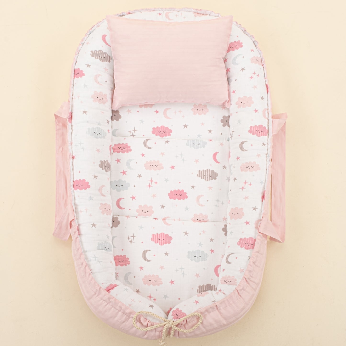 Babynest ve Yastık - Çift Taraflı - Pembe Saten - Pembe Bulut