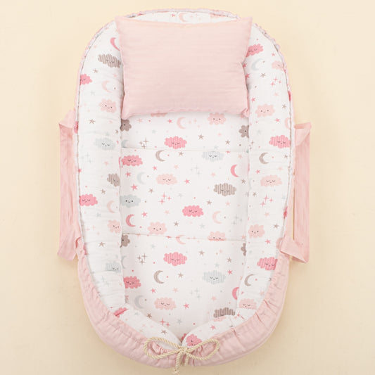Babynest ve Yastık - Çift Taraflı - Pembe Saten - Pembe Bulut