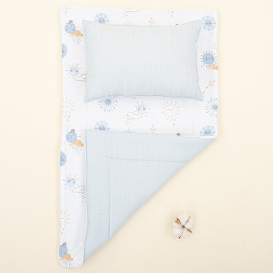 Alt Açma Matı ve Yastık - Çift Taraflı - Bebe Mavi Muslin - Mavi Güneş