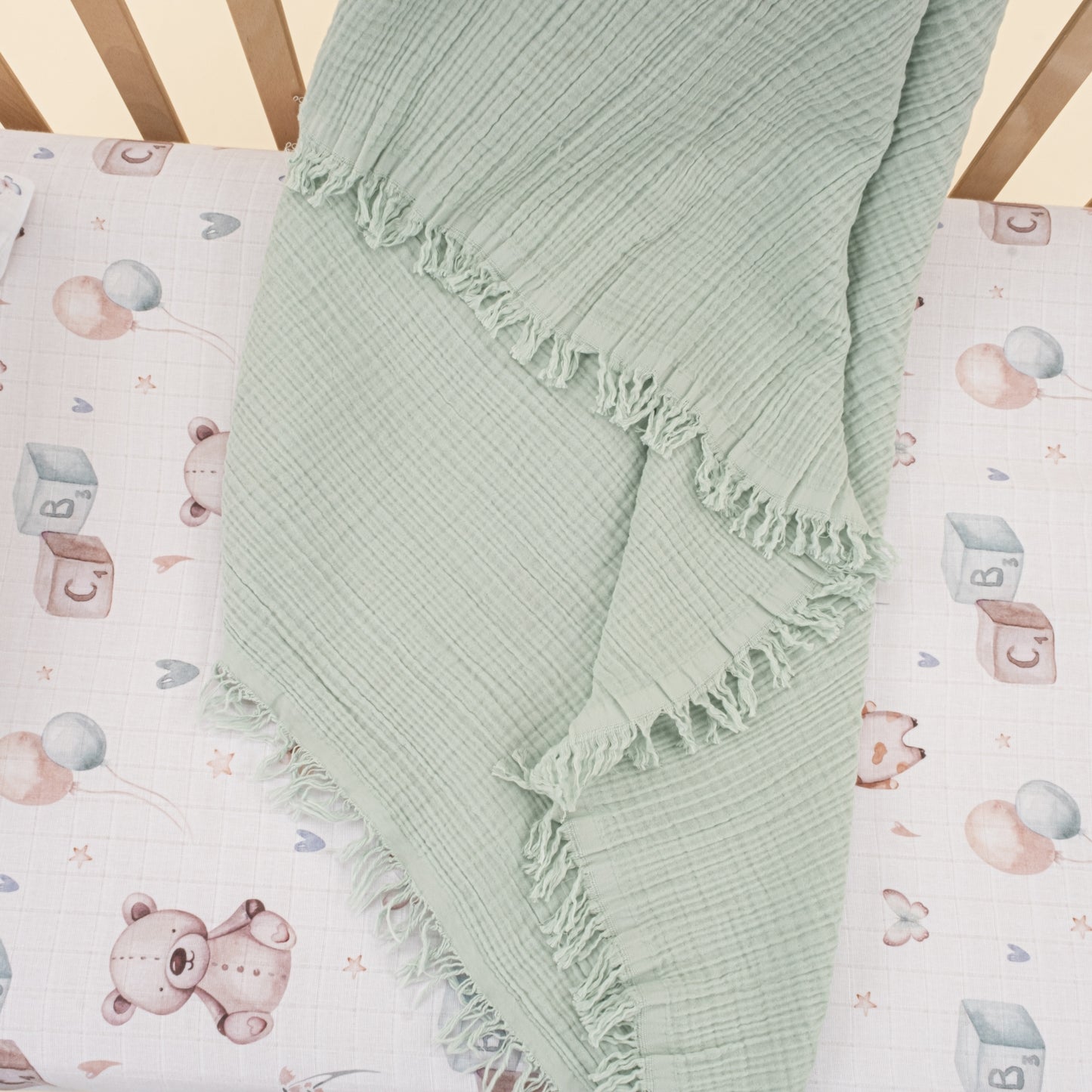 Bebek Nevresim Seti (Dört Katlı Muslin Battaniye , Yastık Kılıfı , Lastikli Çarşaf) - Mint Dört Kat Muslin Battaniye - Dijital Baskı Muslin - Sevimli Ayıcıklar