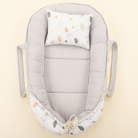Babynest ve Yastık- Çift Taraflı - Açık Gri Örgü - Kuş