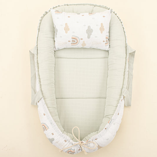 Babynest ve Yastık - Çift Taraflı - Açık Yeşil Muslin - Yeşil Gökkuşağı