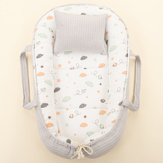 Babynest ve Yastık- Çift Taraflı - Açık Gri Örgü - Kuş
