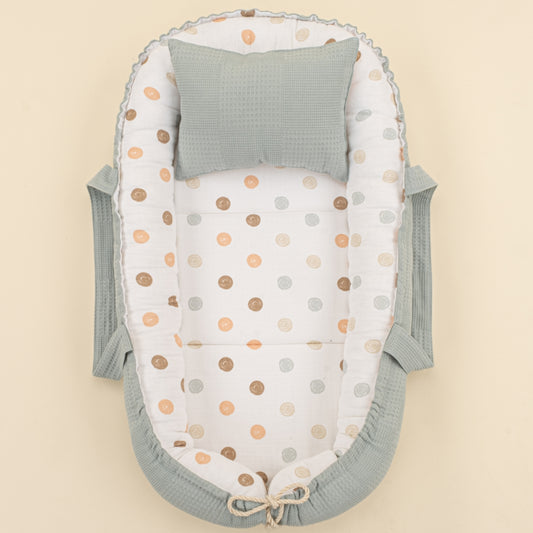Babynest ve Yastık - Çift Taraflı - Petrol Mavisi Waffle - Puantiye