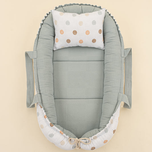 Babynest ve Yastık - Çift Taraflı - Petrol Mavisi Waffle - Puantiye