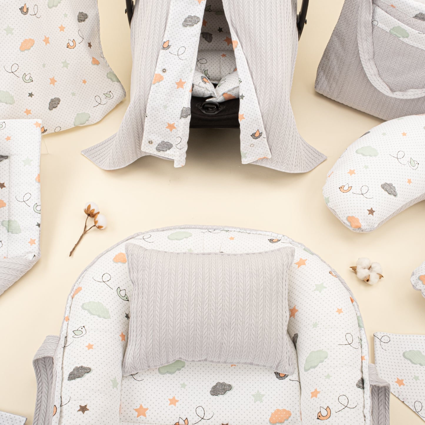 18 Parça Full Set - Çift Taraflı - Açık Gri Örgü - Kuş
