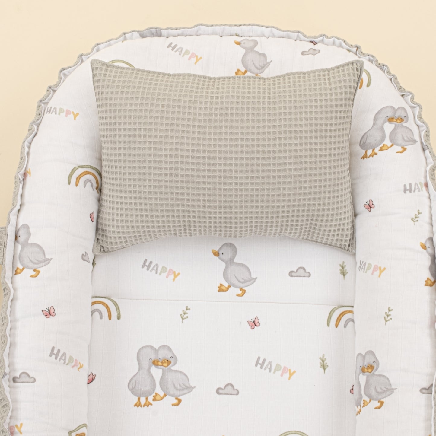 Babynest ve Yastık - Çift Taraflı - Gri Petek - Ördekler