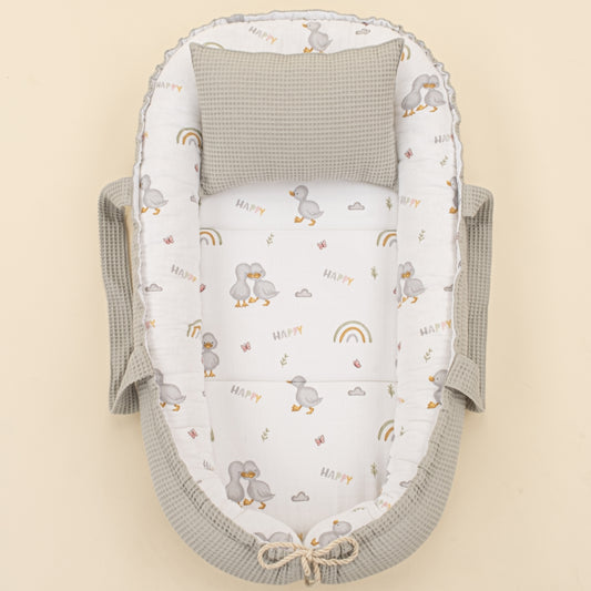 Babynest ve Yastık - Çift Taraflı - Gri Petek - Ördekler