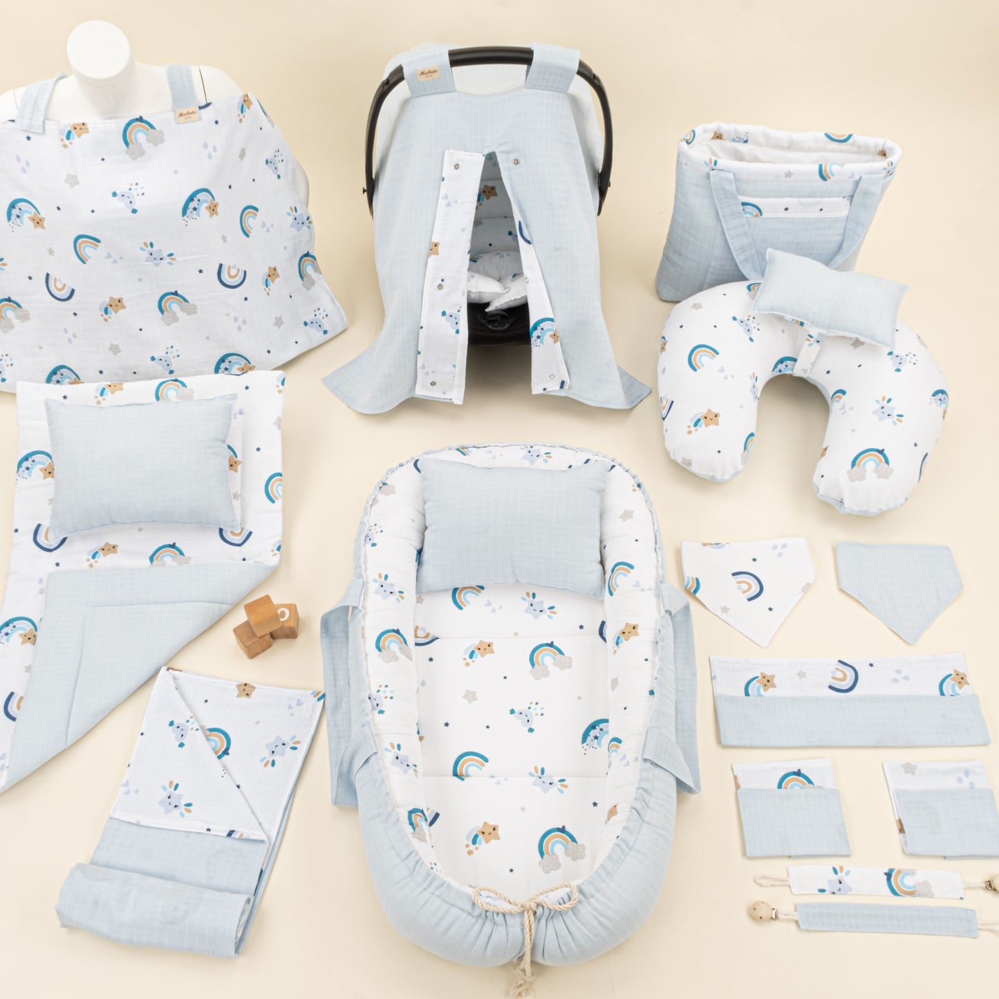 18 Parça Full Set - Çift Taraflı - Bebe Mavisi Muslin - Mavi Gökkuşağı